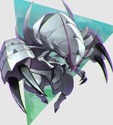  +_+ blurry chromatic_aberration claws commentary_request futena_goze golisopod green_background highres looking_at_viewer no_humans pokemon pokemon_(creature) solo spikes 