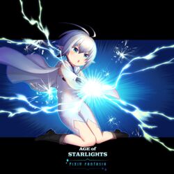  :o ahoge antenna_hair black_footwear blue_background blue_eyes cape copyright_name female full_body kneeling kuziraniku magic navel pixiv_fantasia pixiv_fantasia_age_of_starlight romper short_hair solo star_girl_luna white_cape white_hair white_romper 