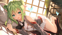  :d aqua_eyes bare_legs barefoot black_neckwear blazer bookshelf bug butterfly cecile_leica_engel_berglund collared_dress commentary_request curtains double_bun dress elf female green_hair grey_jacket hair_bun hair_ribbon highres indoors iris_mysteria! jacket legs long_hair looking_at_viewer lying on_bed on_side open_mouth pillow pointy_ears ribbon smile solo sune_(mugendai) sunlight white_dress window 