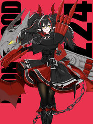  absurdres asymmetrical_clothes azur_lane bat_wings black_choker black_dress black_footwear black_hair black_pantyhose boots chains character_name choker claw_(weapon) cross cross-laced_footwear dress earrings echo_(lowlow808) female hair_between_eyes highres iron_cross jewelry long_hair looking_at_viewer mechanical_arms multicolored_hair open_mouth pantyhose pointy_ears red_background red_dress red_hair rigging short_dress simple_background slit_pupils solo streaked_hair torpedo_launcher torpedo_tubes two-tone_dress underbust weapon white_hair wing_hair_ornament wings yellow_eyes z24_(azur_lane) 