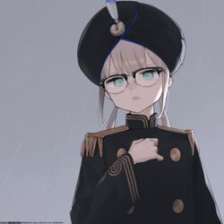  1boy :o astg black-framed_eyewear black_headwear black_jacket blue_eyes brown_hair captain_nemo_(fate) commentary_request eyebrows_hidden_by_hair fate/grand_order fate_(series) glasses grey_background hand_up head_tilt jacket long_hair long_sleeves looking_at_viewer low_twintails male_focus nemo_(fate) open_mouth partial_commentary rain simple_background solo turban twintails web_address wide_sleeves 