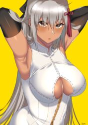  absurdres ahoge armpits arms_behind_head arms_up bangs bare_shoulders black_bow blush bow breasts brown_eyes closed_mouth dark_skin detached_sleeves fate/grand_order fate_(series) female hair_between_eyes hairbow highres koha-ace large_breasts lilycious long_hair looking_at_viewer okita_souji_(alter)_(fate) okita_souji_(fate)_(all) silver_hair simple_background solo tassel tied_hair underboob underboob_cutout yellow_background 