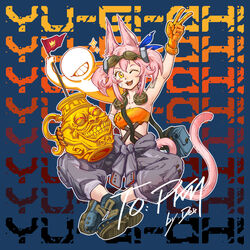  1other absurdres alternate_color ambiguous_gender animal_ears arm_up bandeau cat_ears cat_tail copyright_notice crossed_ankles dexshas duel_monster faceless female ferret_ears ferret_girl flag full_body goggles goggles_on_head highres holding holding_flag jumpsuit jumpsuit_around_waist kitt_(yu-gi-oh!) md5_mismatch one_eye_closed open_mouth pants pink_hair pot_of_greed shoes signature smile tail teeth tri-brigade_kitt two_side_up v yu-gi-oh! 