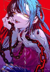  bare_shoulders black_nails blue_hair braid braided_hair_rings chains fangs female hair_between_eyes hair_ornament hair_rings highres jewelry long_hair looking_at_viewer open_mouth original pointy_ears red_background red_eyes red_lips ring rolua simple_background smile solo symbol-shaped_pupils upper_body vampire x-shaped_pupils 