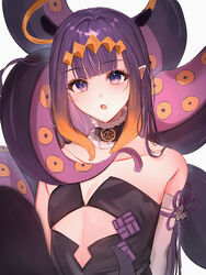  absurdres amyu_(amm_asl_pa) animal_ears bad_id bad_pixiv_id bare_shoulders blunt_bangs blush breasts commentary cutout_above_navel detached_collar detached_sleeves dress female flower_knot fur-trimmed_collar fur_trim gradient_hair grey_background halo headpiece highres hololive hololive_english long_hair looking_at_viewer multicolored_hair ninomae_ina&#039;nis ninomae_ina&#039;nis_(1st_costume) open_mouth orange_hair pointy_ears purple_eyes purple_hair sidelocks simple_background single_sleeve small_breasts solo straight_hair strapless strapless_dress tentacle tentacle_hair tube_dress two-tone_hair upper_body virtual_youtuber 