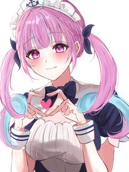  absurdres ahoge amyu_(amm_asl_pa) anchor_symbol bad_id bad_pixiv_id blue_bow blue_bowtie blue_dress blue_hair blue_ribbon blush bow bowtie braid breasts closed_mouth colored_inner_hair commentary dress drill_hair female framed_breasts french_braid hair_ribbon heart heart_hands highres hololive light_blue_hair long_hair looking_at_viewer maid_headdress medium_breasts minato_aqua minato_aqua_(1st_costume) multicolored_hair purple_eyes purple_hair ribbon short_sleeves simple_background smile solo streaked_hair twin_drills twintails two-tone_hair upper_body virtual_youtuber white_background wrist_cuffs 