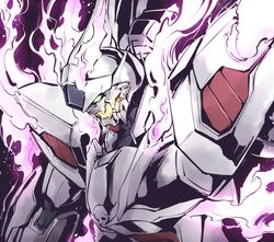  black_background crossbone_gundam crossbone_gundam_ghost fire from_side ghost_gundam glowing glowing_eye green_eyes gundam highres ishiyumi mecha mobile_suit no_humans open_mouth purple_fire robot science_fiction skull_and_crossbones solo upper_body v-fin 