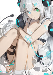  bare_shoulders between_legs bikini black_bow blue_eyes blue_nails bow breasts cable cable_tail cleavage closed_mouth copyright_request eyebrows_hidden_by_hair feet_out_of_frame female green_eyes grey_hair hair_ornament hairclip hand_between_legs heterochromia knees_up looking_at_viewer mechanical_tail medium_breasts nail_polish newflame simple_background sitting solo swimsuit tail white_background white_bikini 