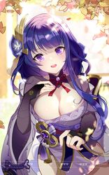  :d absurdres bangs black_gloves blush breasts bridal_gauntlets cleavage female fengyinzhiling genshin_impact gloves hair_ornament hand_up highres large_breasts long_hair looking_at_viewer mole mole_under_eye nail_polish neck_ribbon open_mouth purple_eyes purple_hair purple_nails raiden_(genshin_impact) red_neckwear red_ribbon ribbon smile solo upper_body 