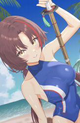  absurdres adin_(epic_seven) arm_up armpits bare_arms bare_shoulders beach blue_one-piece_swimsuit breasts brown_hair closed_mouth competition_swimsuit covered_navel cowboy_shot dark_adin_(epic_seven) day epic_seven female highres holding holding_sword holding_weapon konjou large_breasts long_hair looking_at_viewer low_twintails multicolored_hair one-piece_swimsuit outdoors parted_bangs smile solo streaked_hair swimsuit sword twintails very_long_hair weapon wooden_sword yellow_eyes 