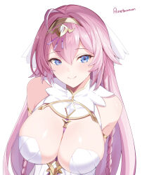  ahoge armlet arms_behind_back bare_shoulders between_breasts blue_eyes braid breasts closed_mouth commentary dress epic_seven female hair_between_eyes hair_ribbon highres huge_breasts jewelry long_hair pink_hair ribbon simple_background smile solo strap_between_breasts tenebria_(epic_seven) tiara twitter_username twomoon white_background white_dress white_ribbon witch_of_the_mere_tenebria_(epic_seven) 