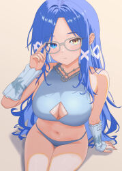  absurdres adjusting_eyewear arm_warmers bare_shoulders bikini blue_bikini blue_eyes blue_hair breasts cleavage cleavage_cutout closed_mouth clothing_cutout epic_seven expressionless female glasses hand_on_eyewear hand_up heterochromia highres konjou large_breasts long_hair looking_at_viewer navel parted_bangs peira_(epic_seven) sitting solo stomach swimsuit thighs very_long_hair white-framed_eyewear yellow_eyes 