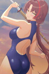  absurdres adin_(epic_seven) arm_up armpits ass back_cutout bare_arms bare_shoulders blue_one-piece_swimsuit breasts brown_hair closed_mouth clothing_cutout competition_swimsuit cowboy_shot dark_adin_(epic_seven) epic_seven female from_behind highleg highleg_one-piece_swimsuit highres holding holding_sword holding_weapon konjou large_breasts long_hair looking_at_viewer looking_back low_twintails median_furrow multicolored_hair one-piece_swimsuit outdoors parted_bangs smile solo streaked_hair swimsuit sword twintails very_long_hair weapon wooden_sword yellow_eyes 