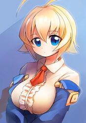  ahoge blazblue blonde_hair blue_background blue_eyes blue_sleeves blush braid breasts center_frills closed_mouth collared_shirt commentary_request emurin es_(xblaze) expressionless female frills hair_between_eyes highres large_breasts long_hair long_sleeves looking_at_viewer necktie oppai_loli red_necktie shirt short_necktie single_braid solo underbust upper_body white_shirt xblaze xblaze_code:_embryo 