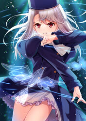  blue_hat blue_jacket blush breasts buttons clenched_teeth double-breasted fate/stay_night fate_(series) female fur_hat hair_between_eyes hat highres illyasviel_von_einzbern jacket long_hair long_sleeves looking_at_viewer md5_mismatch papakha red_eyes resolution_mismatch revision sidelocks small_breasts solo source_larger teeth thighs white_hair yan_(nicknikg) 