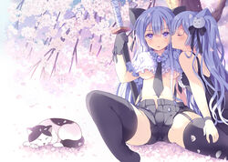  2girls animal bad_id bad_pixiv_id bare_shoulders black_dress black_gloves black_legwear black_shorts bow breasts cherry_blossoms crop_top dress feline frills garter_straps gloves hairbow holding hoshino_koucha light_purple_hair long_hair looking_at_viewer medium_breasts midriff multiple_girls navel necktie one_side_up open_fly original parted_lips purple_eyes shirt short_shorts shorts sitting sleeveless sleeveless_dress sword thighhighs tree underboob weapon white_shirt yuri 