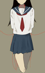  arms_behind_back bare_legs beige_background black_hair blouse blue_sailor_collar blue_skirt clays closed_mouth commentary cropped_legs english_commentary facing_viewer feet_out_of_frame female flat_chest head_out_of_frame kitsu_chiri legs_together long_hair long_sleeves necktie no_nose pleated_skirt red_necktie sailor_collar sayonara_zetsubou_sensei school_uniform shirt simple_background skirt smile solo straight_hair string string_around_neck string_of_fate white_shirt 