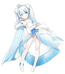  agonasubi bare_shoulders blue_eyes blue_hair blue_ribbon borrowed_design bracelet commentary crown dress earrings elbow_gloves female full_body fur_hair_tie gloves gradient_hair hatsune_miku jewelry layered_skirt leaning_forward light_blue_hair long_hair looking_at_viewer mini_crown miniskirt multicolored_hair own_hands_together pleated_skirt ribbon skirt smile snowflake_choker snowflake_pendant snowflake_print solo staff_(music) standing striped striped_ribbon treble_clef twintails two-tone_hair very_long_hair vocaloid white_background white_dress white_footwear white_gloves white_hair yuki_miku yuki_miku_(2019)_(candidate_no.4) 