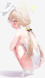  :t absurdres animal_ears ass back bare_legs blonde_hair blue_archive blush breasts closed_mouth fake_animal_ears female full_body hairband halo hifumi_(blue_archive) high_heels highres ju-ok leotard long_hair playboy_bunny rabbit_ears sideboob simple_background small_breasts solo squatting tearing_up thigh_strap twintails very_long_hair white_background white_footwear white_hairband white_leotard yellow_eyes 