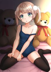  :o bare_arms bare_shoulders bed_sheet black_thighhighs blue_one-piece_swimsuit blush bow breasts collarbone commentary female green_eyes hair_ornament highres indie_virtual_youtuber kazenokaze light_brown_hair no_shoes one-piece_swimsuit parted_lips pom_pom_(clothes) pom_pom_hair_ornament red_bow red_ribbon ribbon school_swimsuit shigure_ui_(vtuber) shigure_ui_(vtuber)_(young) short_hair sitting skindentation small_breasts solo strap_slip stuffed_animal stuffed_toy swimsuit teddy_bear thighhighs thighhighs_pull twintails virtual_youtuber wariza 