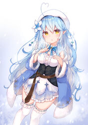  :o ahoge blue_hair blue_skirt braid breasts elf female finger_to_own_chin flower fur_trim hair_flower hair_ornament hat heart heart_ahoge highres hololive long_hair long_pointy_ears looking_at_viewer maka_neko medium_breasts off_shoulder open_mouth pointy_ears side_braid skirt solo thighhighs very_long_hair virtual_youtuber white_flower white_hat yellow_eyes yukihana_lamy yukihana_lamy_(1st_costume) 