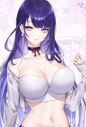  absurdres alternate_costume bandeau bare_shoulders black_choker bra breasts choker cleavage collarbone crop_top cropped_jacket earrings female genshin_impact glint hand_up highres jacket jewelry large_breasts long_hair long_sleeves looking_at_viewer midriff mitsudomoe_(shape) mole mole_under_eye navel off_shoulder open_clothes open_jacket parted_lips purple_eyes purple_hair raiden_shogun raku_(clearpage) skindentation sleeves_past_wrists solo stomach straight_hair strapless strapless_bra tomoe_(symbol) underwear upper_body very_long_hair white_background white_jacket 