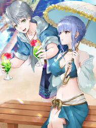  1boy :d alternate_costume aplche ashe_ubert ashe_ubert_(summer) bare_shoulders beach bench bikini blue_bikini blue_hair blue_hoodie blue_sarong braid breasts choker cleavage collarbone commentary_request crown_braid cup drinking_glass female fire_emblem fire_emblem:_three_houses fire_emblem_heroes freckles green_eyes grey_eyes grey_hair highres holding holding_cup holding_umbrella hood hood_down hoodie large_breasts looking_at_another looking_at_viewer marianne_von_edmund marianne_von_edmund_(summer) midriff navel on_bench open_mouth sarong shawl sitting smile swimsuit umbrella 