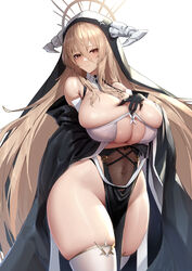  absurdres azur_lane bare_shoulders black_gloves blonde_hair breast_cutout breasts cleavage covered_navel curvy detached_sleeves female gigantic_breasts gloves habit hand_on_own_chest highres horns implacable_(azur_lane) long_hair looking_at_viewer narrow_waist nun orange_eyes shuiruoqing solo thick_thighs thighhighs thighs two-tone_dress very_long_hair white_thighhighs wide_hips 