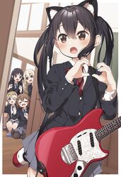  5girls =_= absurdres akiyama_mio animal_ears black_hair blonde_hair blue_eyes brown_eyes brown_hair cat_ears commentary electric_guitar fake_animal_ears fender_mustang finger_frame guitar hair_ornament hairclip heart heart_hands highres hirasawa_yui indoors instrument k-on! kneeling kotobuki_tsumugi long_hair miniskirt multiple_girls nakano_azusa peeking_out peeping pleated_skirt sakuragaoka_high_school_uniform school school_uniform shoes skirt squatting tainaka_ritsu thick_eyebrows twintails uwabaki winter_uniform yukie_(kusaka_shi) 