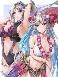  2girls alternate_costume arm_up armlet armpits bikini black_one-piece_swimsuit blue_hair breasts casual_one-piece_swimsuit cleavage collarbone commentary curled_horns facial_mark fairy fairy_wings fire_emblem fire_emblem_heroes flower flower_necklace forehead_mark freyja_(fire_emblem) freyja_(summer)_(fire_emblem) goat_horns grey_hair hair_flower hair_ornament horns jewelry large_breasts long_hair looking_at_viewer multicolored_hair multiple_girls navel necklace official_alternate_costume one-piece_swimsuit pelvic_curtain pink_flower plumeria_(fire_emblem) plumeria_(summer)_(fire_emblem) ponytail red_eyes red_horns sideboob sidelocks swimsuit ten_(tenchan_man) thorns very_long_hair white_bikini white_one-piece_swimsuit wings 