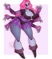  6_arms 6_eyes absurd_res animal_humanoid arachnid arachnid_humanoid arthropod arthropod_humanoid arthropod_webbing big_breasts bottomwear braided_hair braided_pigtails breasts cleavage clothed clothing curvy_figure fangs female frilly frilly_clothing hair hi_res humanoid multi_arm multi_eye multi_limb open_mouth open_smile pink_hair shadow simple_background skirt smile solo spider spider_humanoid taffeta_silkin teeth translucent translucent_bottomwear translucent_clothing translucent_skirt voluptuous watermark white_background yakiq 