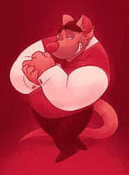  2014 anthro biped bottomwear clothing disney greenendorf humanoid_hands male mammal murid murine musclegut muscular pants pink_theme professor_padraic_ratigan_(disney) rat red_background rodent shirt simple_background solo the_great_mouse_detective topwear 