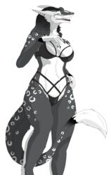  anthro breasts clothed clothing davian_tul ear_piercing emil-gee female fur hair hi_res piercing sergal simple_background smile solo tail underwear white_body white_fur 