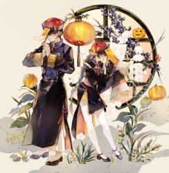  1boy bad_id bad_pixiv_id braid commentary female highres jack-o&#039;-lantern jiangshi lantern long_hair niwa_haruki original plant pumpkin red_nails short_hair silk sleeves_past_wrists spider_web symbol-only_commentary yellow_eyes 