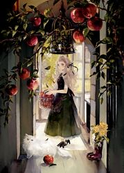  apple basket birdcage blonde_hair blue_eyes branch cage dress feline female flower food fruit hair_ribbon high_heels highres leaf long_dress long_hair md5_mismatch niwa_haruki original resolution_mismatch ribbon solo source_smaller white_cat white_flower yellow_flower 