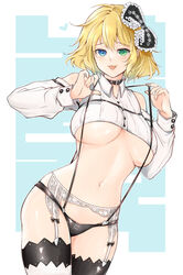  :3 bare_shoulders belt_buckle black_bow black_choker black_panties black_thighhighs blonde_hair blue_background blue_eyes blush bow breasts buckle choker clothing_cutout crop_top detached_sleeves female frilled_bow frills garter_belt green_eyes groin hair_between_eyes hairbow heart heterochromia kinako_(mzknk0) lace lace_garter_belt large_breasts linea_alba long_sleeves looking_at_viewer messy_hair midriff navel open_mouth panties revealing_clothes ryouna_(senran_kagura) senran_kagura senran_kagura_new_link senran_kagura_shinovi_versus shiny_skin short_hair shoulder_cutout sleeve_cuffs smile solo stomach suspenders suspenders_pull thighhighs tongue two-tone_background two-tone_thighhighs underboob underwear white_background white_thighhighs 