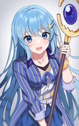  blue_eyes blue_hair blurry collarbone commission female fingernails grey_background hair_ornament hairclip hatsuno_xxx long_hair long_sleeves looking_at_viewer nail_polish open_mouth original skeb_commission staff star_(symbol) star_hair_ornament striped vertical_stripes 