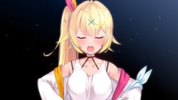  bare_shoulders blonde_hair blue_hair blush breasts closed_eyes collarbone commentary_request facing_viewer female hair_ornament hair_ribbon hairclip highres hoshikawa_sara hoshikawa_sara_(1st_costume) jacket long_hair medium_breasts multicolored_hair nijisanji open_clothes open_jacket open_mouth ribbon side_ponytail solo streaked_hair tank_top teeth upper_body upper_teeth_only virtual_youtuber white_jacket white_tank_top x_hair_ornament yoshiheihe 