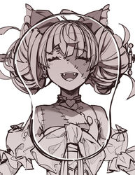  ^_^ ahoge blunt_ends bow breast_mousepad closed_eyes commentary_request double_bun female flat_chest flat_chest_joke greyscale hair_bun hairbow highres hololive hololive_indonesia kureiji_ollie kureiji_ollie_(1st_costume) monochrome mousepad_(medium) open_mouth patchwork_skin solo stitched_face stitched_torso stitches tenbin_gashira virtual_youtuber zombie 