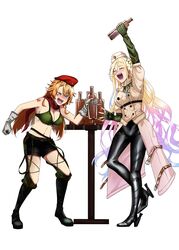  2girls a-91_(girls&#039;_frontline) ak-47_(girls&#039;_frontline) alcohol beret black_footwear black_pants black_shorts blonde_hair blue_eyes blush boots bottle bra breasts closed_eyes commission drunk elbow_gloves fingerless_gloves full_body girls&#039;_frontline gloves green_bra green_gloves grey_gloves hat high_heel_boots high_heels highres holding holding_bottle knee_boots large_breasts leather leather_boots leather_pants long_coat long_hair multiple_girls no_mole one_side_up open_mouth pants red_eyes red_scarf reizo_ne scarf shorts standing table taut_jacket teeth underwear upper_teeth_only very_long_hair white_gloves 