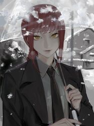  black_necktie chainsaw_man day female highres holding holding_umbrella kamo_(kamonegioisi) lips looking_at_viewer makima_(chainsaw_man) necktie outdoors ringed_eyes snow snowing solo twitter_username umbrella upper_body yellow_eyes 