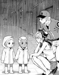  3boys aged_down aged_up baseball_cap brothers commentary_request dark-skinned_male dark_skin double_bun emporio_alnino enrico_pucci female greyscale hair_bun hat holding_hands jojo_no_kimyou_na_bouken kid_(kidocchi) kujo_jolyne lolicon long_hair looking_at_another monochrome multicolored_hair multiple_boys outdoors pants rain raincoat shoes shorts siblings sneakers squatting stone_ocean time_paradox twins two-tone_hair weather_report 