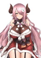  absurdres black_gloves black_ribbon blue_eyes blush braid breasts brown_horns christmas cleavage commentary_request draph female fur_trim garter_straps gloves granblue_fantasy hair_over_one_eye hair_ribbon highres horns large_breasts long_hair looking_at_viewer nagisa_otoha narmaya_(granblue_fantasy) narmaya_(holiday)_(granblue_fantasy) official_alternate_costume pointy_ears purple_hair ribbon see-through smile snowman_hair_ornament solo thighs very_long_hair 