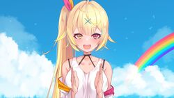  :d bare_shoulders black_choker blonde_hair blue_hair blue_sky blush breasts brown_eyes choker clapping cloud collarbone commentary_request day female hair_ornament hair_ribbon hairclip heterochromia highres hoshikawa_sara jacket long_hair long_sleeves looking_at_viewer medium_breasts meme multicolored_hair neon_genesis_evangelion nijisanji off_shoulder omedetou!_(meme) open_clothes open_jacket open_mouth parody red_eyes ribbon side_ponytail sky smile solo streaked_hair tank_top upper_body very_long_hair virtual_youtuber white_jacket white_tank_top wide_sleeves x_hair_ornament yoshiheihe 