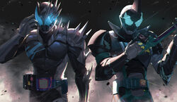  2boys armor bat_(animal) bat_genome black_armor dark_foreground doran_(doran7280) driver_(kamen_rider) evilblade gloves grey_sky highres horns kamen_rider kamen_rider_evil kamen_rider_jack_revice kamen_rider_revi kamen_rider_revice male_focus moon multiple_boys nature night night_sky open_hand paint_splatter possessed rain revice_driver rider_belt rolling_vistamp signature silver_gloves single_horn sky splatter splatter_print standing sword tokusatsu two_sidriver villain_pose weapon 