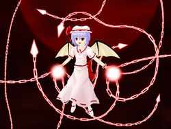  bat_wings chains commentary_request dress female hat light miserable_fate mob_cap moon night night_sky pink_dress puffy_short_sleeves puffy_sleeves purple_hair pzsumire red_moon remilia_scarlet short_sleeves sky solo spell_card touhou wings 