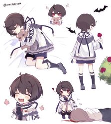  1boy black_shorts blood blush brown_hair chibi death ensemble_stars! female full_body highres legwear_garter lolicon long_sleeves male_child male_focus red_eyes ribbon sakuma_ritsu shirt short_hair shorts socks stuffed_animal stuffed_toy teddy_bear translation_request white_background white_shirt xinghuo 