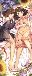  2girls :d arm_up bare_shoulders barefoot blush bow brown_eyes brown_hair clematis_(flower) commentary_request feet flower foot_out_of_frame full_body hair_ribbon hairband hand_on_own_stomach hand_up highres ichimi_renge lace-trimmed_sleeves lace_trim lingerie looking_at_viewer lying medium_hair multiple_girls negligee nightgown on_back on_side open_mouth petals pink_bow purple_flower ribbon sasaki_(suzumiya_haruhi) second-party_source see-through short_hair smile soles spaghetti_strap sunflower suzumiya_haruhi suzumiya_haruhi_no_yuuutsu toes underwear yellow_flower yellow_hairband yellow_ribbon 