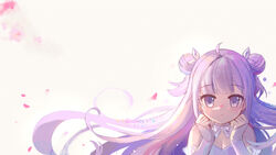  ahoge azur_lane blunt_bangs breasts cleavage commentary_request detached_sleeves double_bun female hair_bun hair_ribbon highres long_hair looking_at_viewer petals purple_eyes purple_hair ribbon sidelocks simple_background solo unicorn_(azur_lane) unicorn_(little_star_songstress)_(azur_lane) white_background wind xiao_shi_lullaby 