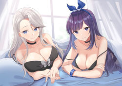  2girls a-soul bad_id bad_pixiv_id bella_(a-soul) blue_eyes bracelet breasts choker cleavage commentary eileen_(a-soul) english_commentary hair_ribbon highres jewelry large_breasts looking_at_viewer lying multiple_girls on_stomach purple_eyes purple_hair ribbon smile spaghetti_strap tank_top upper_body virtual_youtuber white_hair xiaoxiao_de_kuangsan 